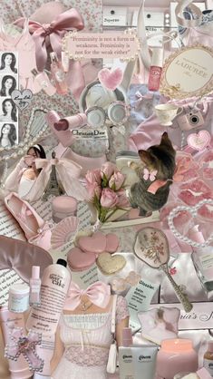 the collage is full of pink and white items, such as roses, perfumes, hair clips, lipstick, and other things