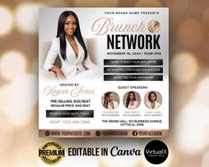 a flyer for a brunch and network event with an image of a woman