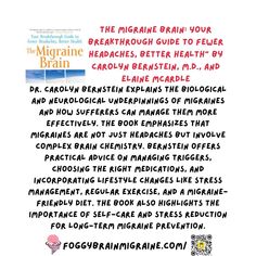 💡 Your brain plays a BIG role in your migraines. 🧠 The Migraine Brain by Dr. Carolyn Bernstein explains how understanding the science of your migraines can help you manage them better. From triggers to treatments, it’s time to take charge of your health and outsmart your migraines. 📚✨ #TheMigraineBrain #BrainHealth #UnderstandingMigraines #TakeControl #ChronicPainRelief #MigraineScience Chronic Pain Relief, Brain Chemistry, Take Charge, Brain Health, Lifestyle Changes, Regular Exercise, Practical Advice