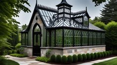 a large glass house surrounded by trees and bushes