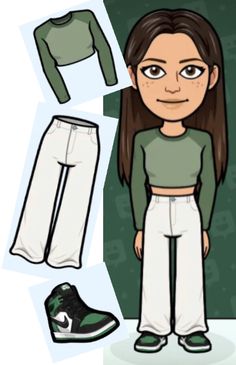 a paper doll is standing next to some clothes and shoes on the floor with her hands in her pockets