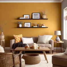 a living room with yellow walls and white rugs on the floor, two couches in front of a coffee table