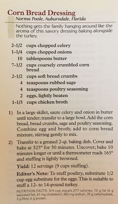 the recipe for corn bread dressing is shown in an open book with instructions on how to make it