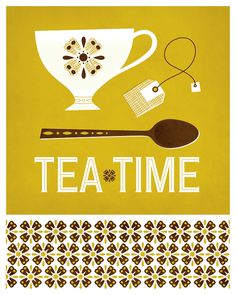 a tea time poster with a spoon and some type of item in the shape of a cup