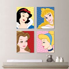 four disney princesses are hanging on the wall above a creden dresser in a child's room