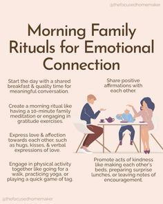 a family sitting at a table with the words, morning family rituals for emotion connection