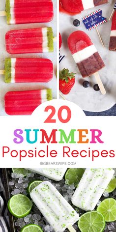 popsicle recipe with limes, strawberries and blueberries in the background text overlay reads 20 summer popsicle recipes