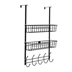 a black rack with three baskets hanging from it's sides and four hooks on each side