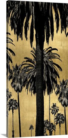 palm trees against a gold background with black and white images on the bottom right side