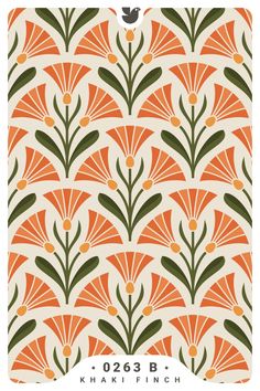 an orange and green art deco print with leaves on the side, in white background