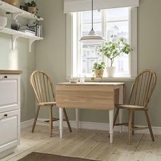 two chairs sit at a small table in front of a window with potted plants on it