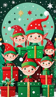 a group of elves with presents in front of a christmas tree