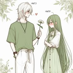 two people standing next to each other with long green hair and flowers in their hands