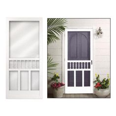 two white doors and one is open with flowers on the outside, both side by side