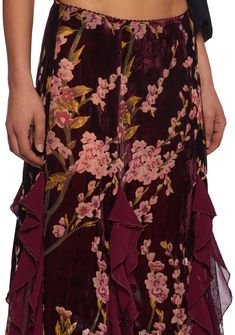 This maxi skirt has a burnout velvet and lace construction, an all over floral print, a layered ruffled mesh detail, and a back zipper closure. Current Mood Clothing, Floral Print Maxi Skirt, Print Maxi Skirt, Burnout Velvet, Get A Life, Printed Maxi Skirts, Velvet Lace, Floral Print Maxi, Current Mood