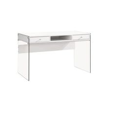 a white desk with two drawers and a shelf on the top, against a white background