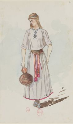 a drawing of a woman wearing a dress and holding a jug in her hand,