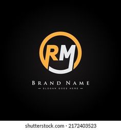 the letter rm is inscribed in a circle with an orange and white color on a black background