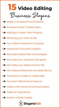 an orange and white sign with the words 15 video editing business slogans on it