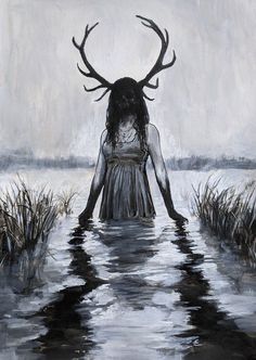 a painting of a woman with horns standing in the middle of a body of water