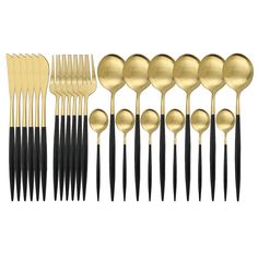 an assortment of black and gold flatware