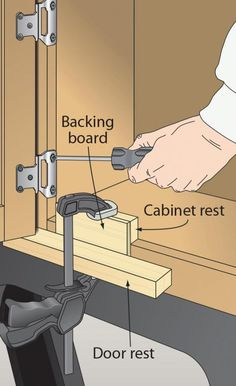 a person is fixing the door handle on a wooden cabinet with instructions to install it