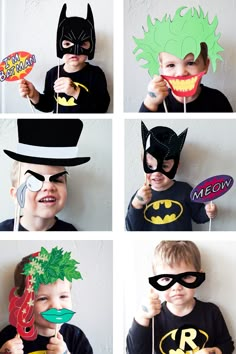 four pictures of boys wearing batman masks and holding up their nametags for the camera