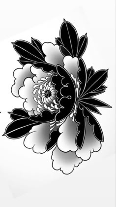 a black and white flower with leaves on it's back side, against a white background