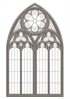 an image of a gothic style window with stained glass in the front and side panels