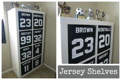 there are two pictures with trophies on top of the cabinets in this room, and one is displaying his jersey number