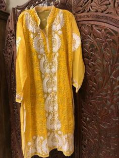 Boho Tunic Dress Sheer Georgette Yellow White Embroidered Housedress Caftan 2X #Gypsy #KaftanShirtDress