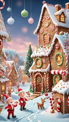 an animated christmas scene with santa and his elves in front of a gingerbread house