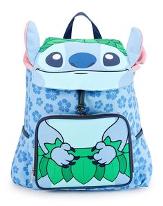 a cartoon character backpack with blue flowers on the front and green leaves on the back