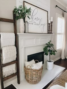 a living room with a white fireplace and some plants on top of the mantel