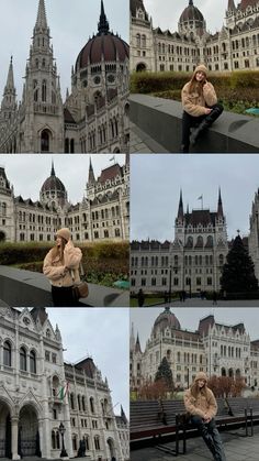 a woman sitting on top of a bench in front of a large building