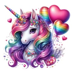 a unicorn with hearts and balloons on it's head is surrounded by rainbows