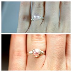 Light Pink Pearl Ring Wire Wrapped Jewelry by JessicaLuuJewelry Adjustable Pink Rings For Wedding, Adjustable Pink Ring For Anniversary, Minimalist Pink Rings For Gift, Minimalist Pink Rings For Anniversary, Delicate Pink Rings For Gift, Minimalist Pink Wedding Rings, Nickel-free Pink Rings For Weddings, Delicate Pink Sterling Silver Rings, Pink Pearl Ring For Wedding