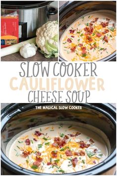 slow cooker cauliflower cheese soup recipe in the crock pot with text overlay