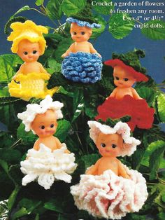 Crochet Pattern Bud Babies Cupid Dolls Fibre-Craft #FCM180 in 5 Fragrant Flowers PDF Bud Babies: 4-4 ½ inch Air Freshener Cupid Dolls Crochet Doll Dress and Hat 8ply Yarn in Flower Colour Rose Daffodil Gardenia Hydrangea Carnation Cupid Doll, Cupie Dolls, Dolls Crochet, Flower Colour, Crochet Doll Dress, Fragrant Flowers, Pretty Dolls, Crochet Doll, Air Freshener