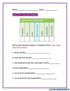 Reading And Writing Decimals Worksheets Teaching Decimals, Writing Complete Sentences, All About Me Worksheet, Place Value Worksheets, Cursive Words, Preschool Reading, Math Interactive