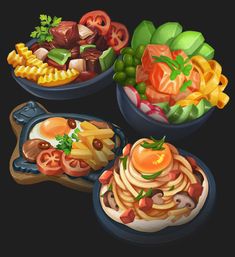 three bowls filled with different types of food