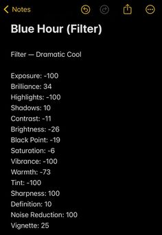 the blue hour filter is displayed on an iphone's screen, and it appears to be filled with information