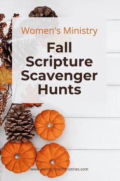 fall scripure scavenger hunt with pumpkins and pine cones on the side