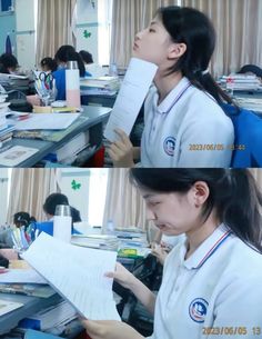 two pictures of a woman holding papers in front of her face while sitting at a desk