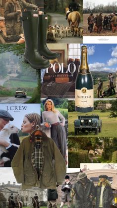 a collage of pictures with people, animals and wine bottles