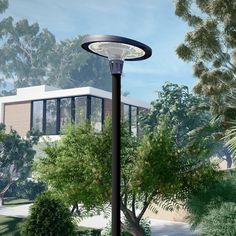 an artist's rendering of a street light in front of a house and trees