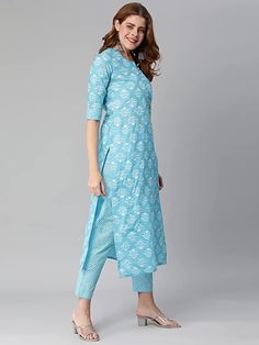 DESIGNER Women's Cotton Blend Printed Straight Kurta with Pant Embroidery Sleeves, Pant Design, Kurta Style, Kurta Design, Print Screen, Blue Screen, Straight Kurta, Weave Fabric