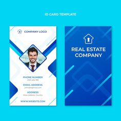 a real estate company business card with a blue and white geometric pattern on the front