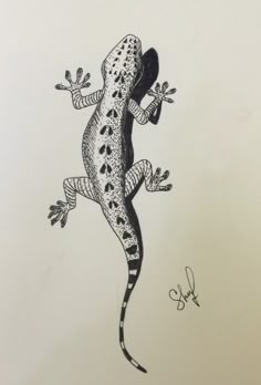 a drawing of a gecko sitting on top of a white sheet with black ink