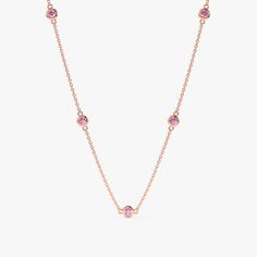 14k Rose Gold Pink Sapphire Station Necklace Womens Necklaces Gold Jewelry, Sapphire Necklace Simple, Pink Necklace Jewelry, Pink Sapphire Necklace, Hoco Ideas, Prom Necklaces, Dainty Necklaces, Handmade Fine Jewelry, Dangle Necklaces